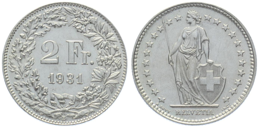 2 Franken 1931 B - vorzüglich bis unzirkuliert